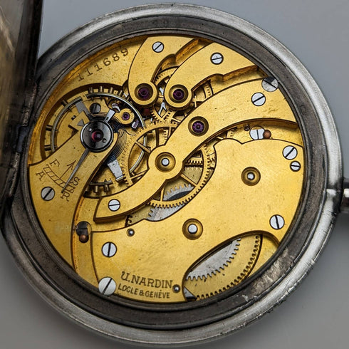 1910年頃 アンティーク ユリス・ナルダン 懐中時計 猛獣彫刻 銀側ハンターケース 動作良好